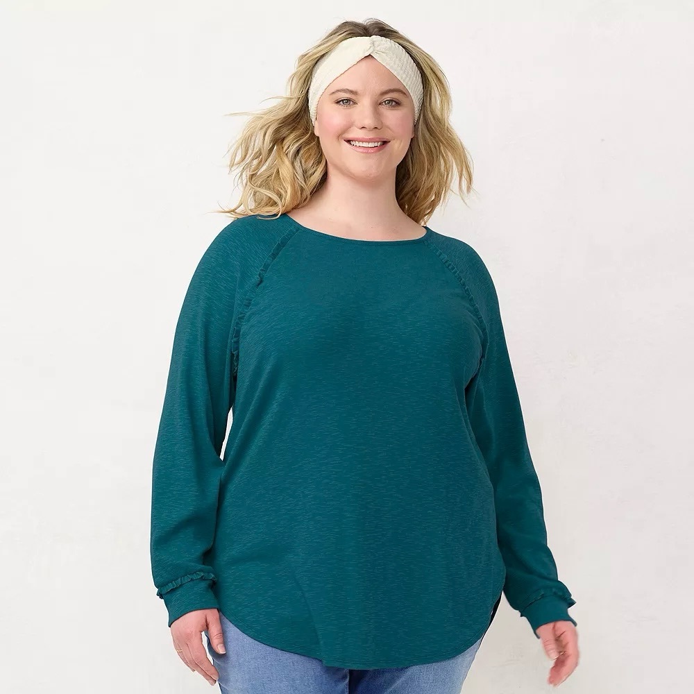NWT LC Lauren Conrad Raglan Sleeve Ruffle Tunic Blue Plus Size 4X